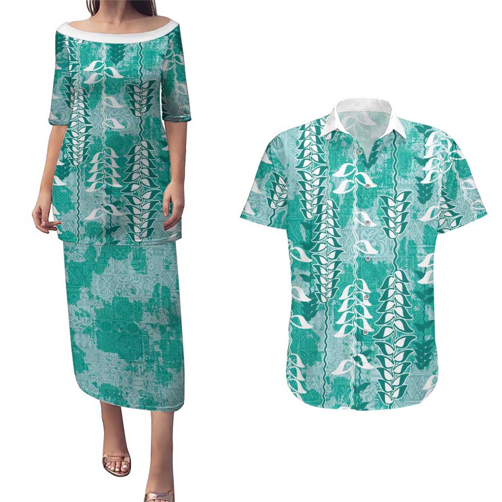 Teal Hawaii Tapa Pattern Couples Matching Puletasi and Hawaiian Shirt With Heliconia Vintage Style LT05 Teal - Polynesian Pride