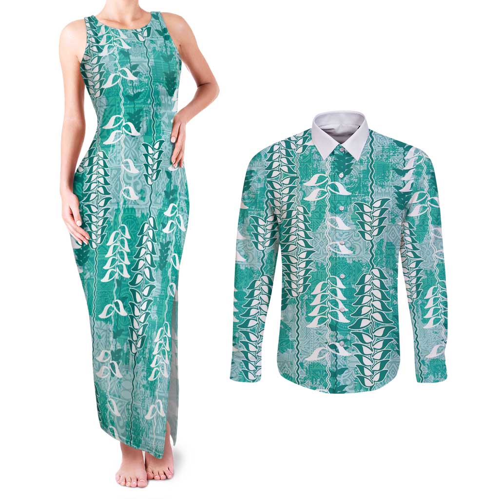 Teal Hawaii Tapa Pattern Couples Matching Tank Maxi Dress and Long Sleeve Button Shirt With Heliconia Vintage Style LT05 Teal - Polynesian Pride