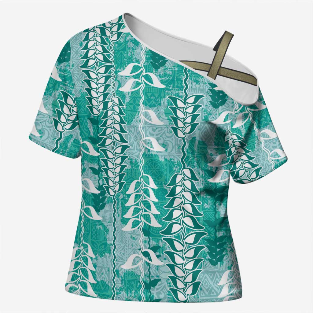 Teal Hawaii Tapa Pattern Cross Shoulder Shirt With Heliconia Vintage Style LT05 Female Teal - Polynesian Pride