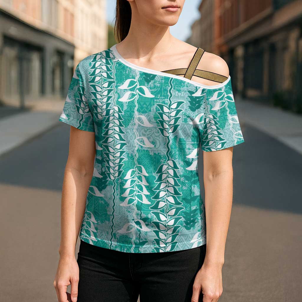 Teal Hawaii Tapa Pattern Cross Shoulder Shirt With Heliconia Vintage Style LT05 - Polynesian Pride