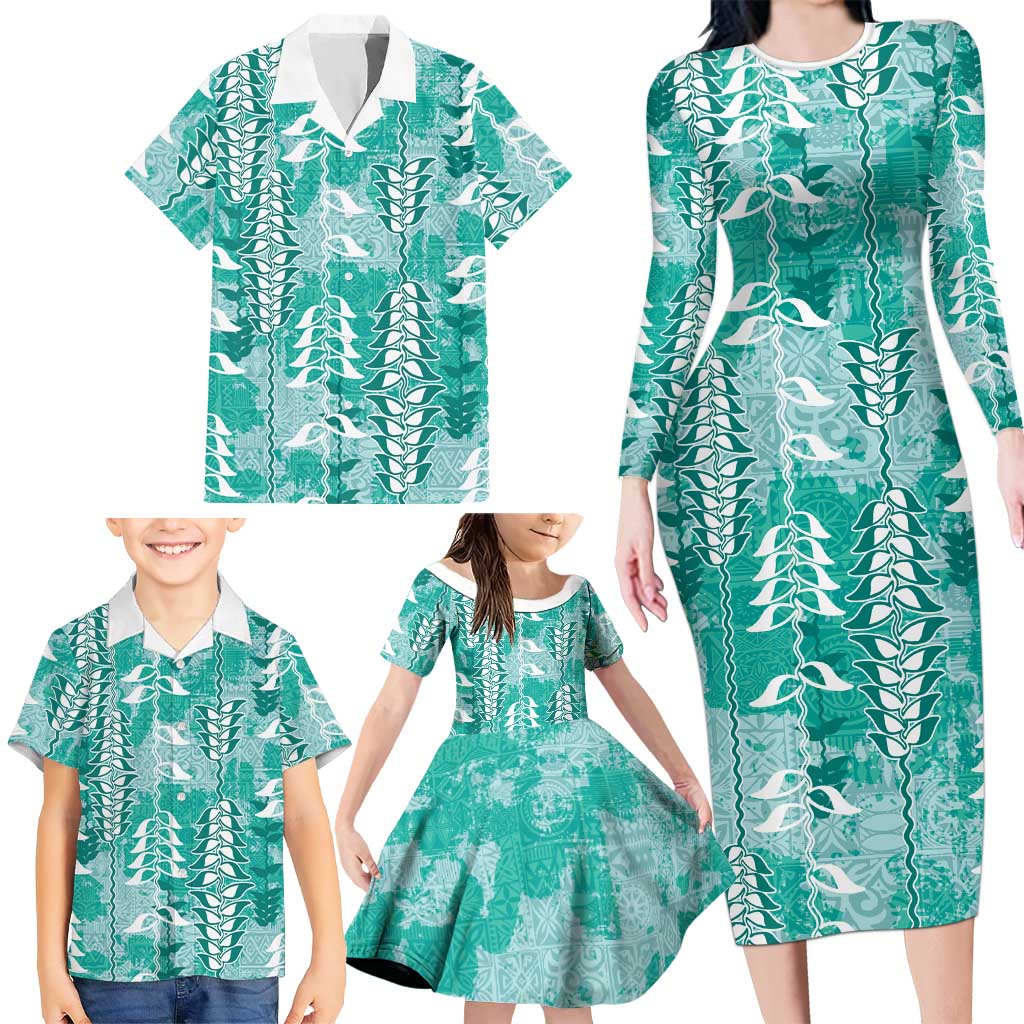 Teal Hawaii Tapa Pattern Family Matching Long Sleeve Bodycon Dress and Hawaiian Shirt With Heliconia Vintage Style LT05 - Polynesian Pride