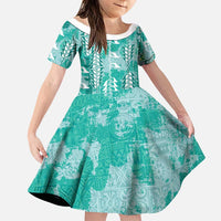 Teal Hawaii Tapa Pattern Family Matching Mermaid Dress and Hawaiian Shirt With Heliconia Vintage Style LT05 Daughter's Dress Teal - Polynesian Pride