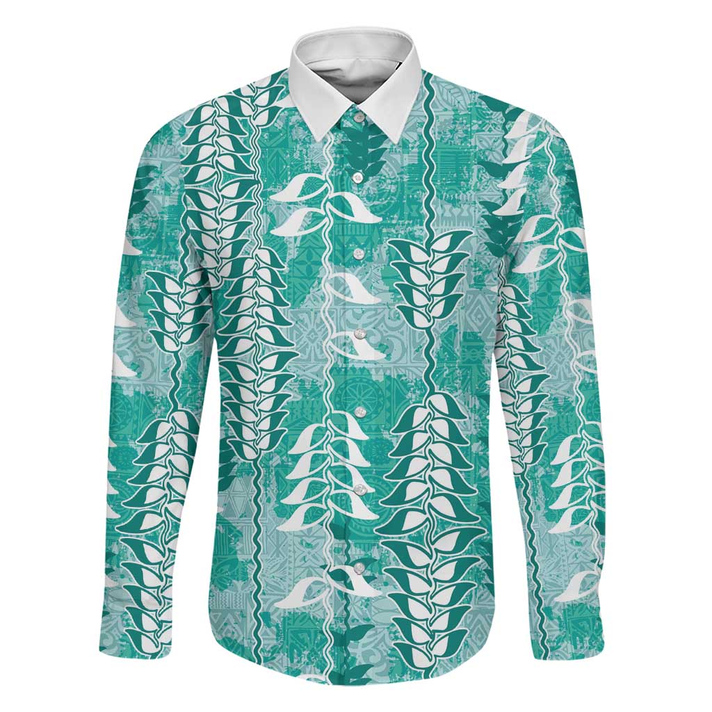 Teal Hawaii Tapa Pattern Family Matching Mermaid Dress and Hawaiian Shirt With Heliconia Vintage Style LT05 Dad's Shirt - Long Sleeve Teal - Polynesian Pride