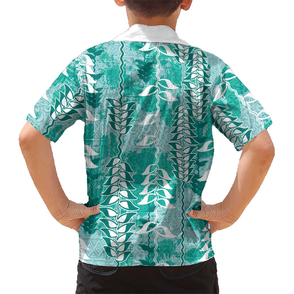 Teal Hawaii Tapa Pattern Family Matching Off Shoulder Maxi Dress and Hawaiian Shirt With Heliconia Vintage Style LT05 - Polynesian Pride
