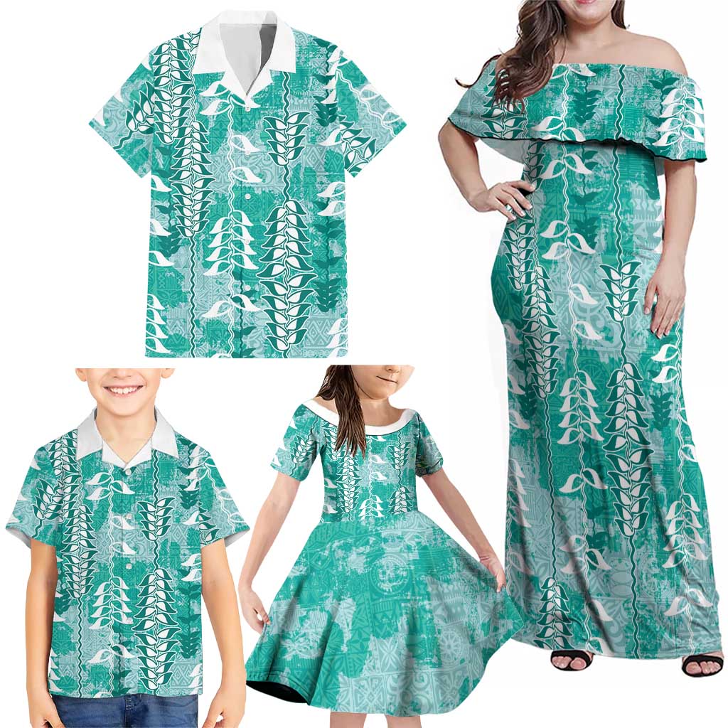 Teal Hawaii Tapa Pattern Family Matching Off Shoulder Maxi Dress and Hawaiian Shirt With Heliconia Vintage Style LT05 - Polynesian Pride