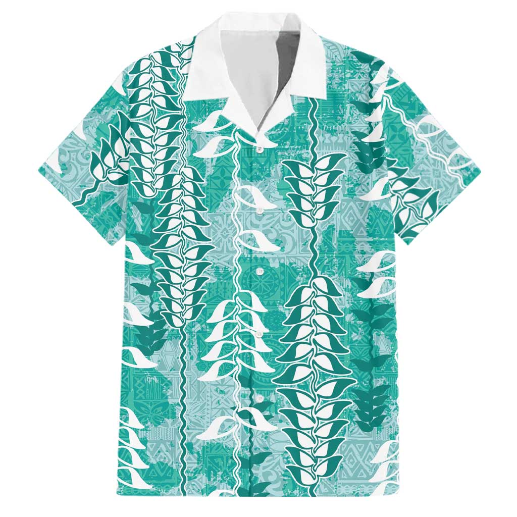 Teal Hawaii Tapa Pattern Family Matching Tank Maxi Dress and Hawaiian Shirt With Heliconia Vintage Style LT05 Dad's Shirt - Short Sleeve Teal - Polynesian Pride
