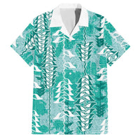 Teal Hawaii Tapa Pattern Family Matching Tank Maxi Dress and Hawaiian Shirt With Heliconia Vintage Style LT05 Dad's Shirt - Short Sleeve Teal - Polynesian Pride