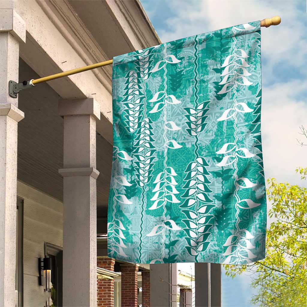 Teal Hawaii Tapa Pattern Garden Flag With Heliconia Vintage Style LT05 House Flag Teal - Polynesian Pride
