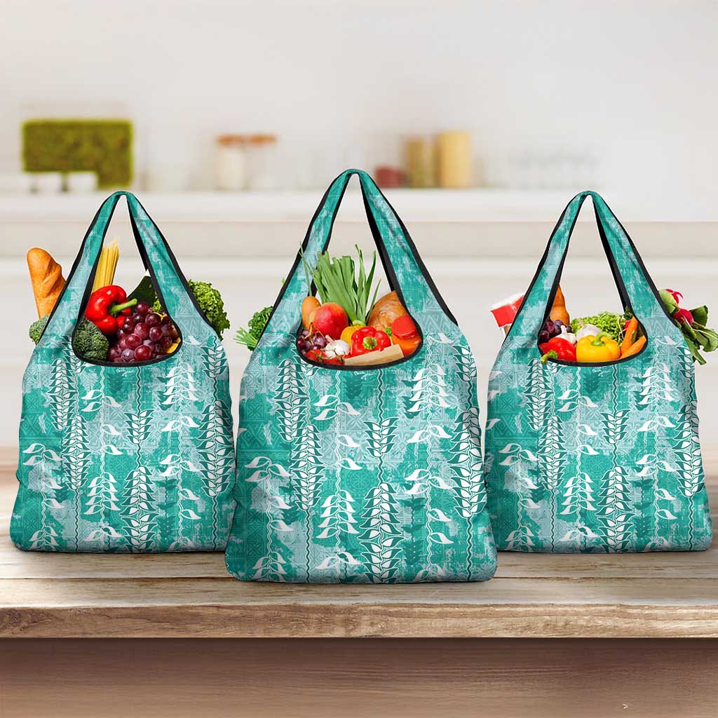 Teal Hawaii Tapa Pattern Grocery Bag With Heliconia Vintage Style LT05 3-pack One Size Teal - Polynesian Pride