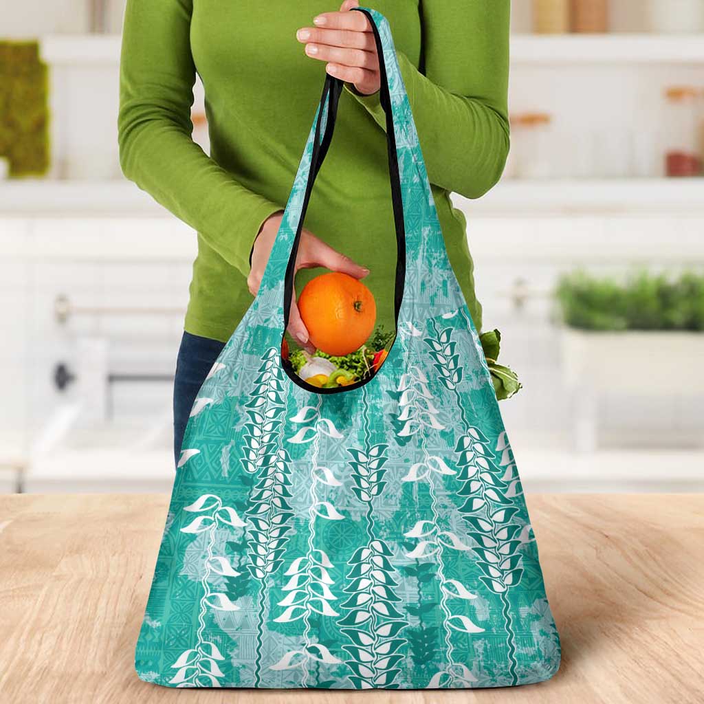 Teal Hawaii Tapa Pattern Grocery Bag With Heliconia Vintage Style LT05 - Polynesian Pride