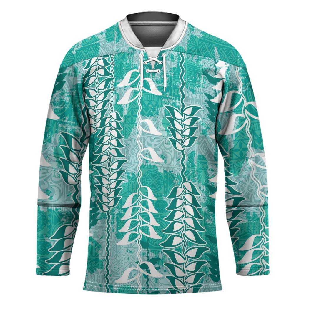 Teal Hawaii Tapa Pattern Hockey Jersey With Heliconia Vintage Style