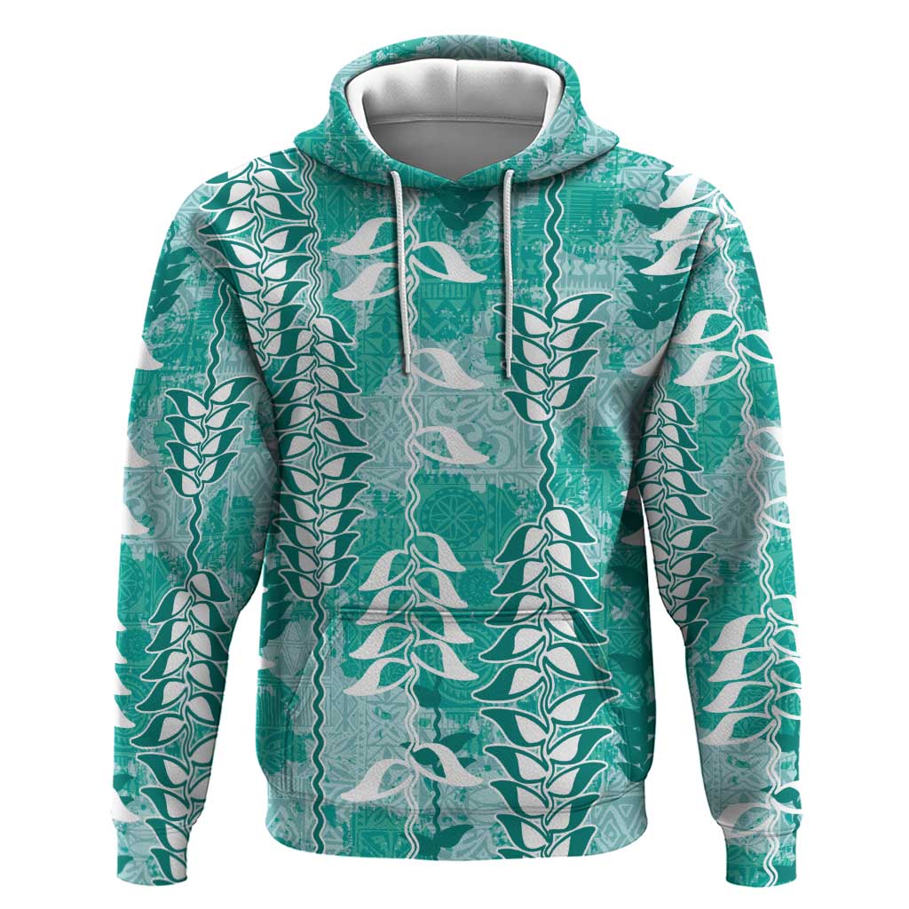 Teal Hawaii Tapa Pattern Hoodie With Heliconia Vintage Style