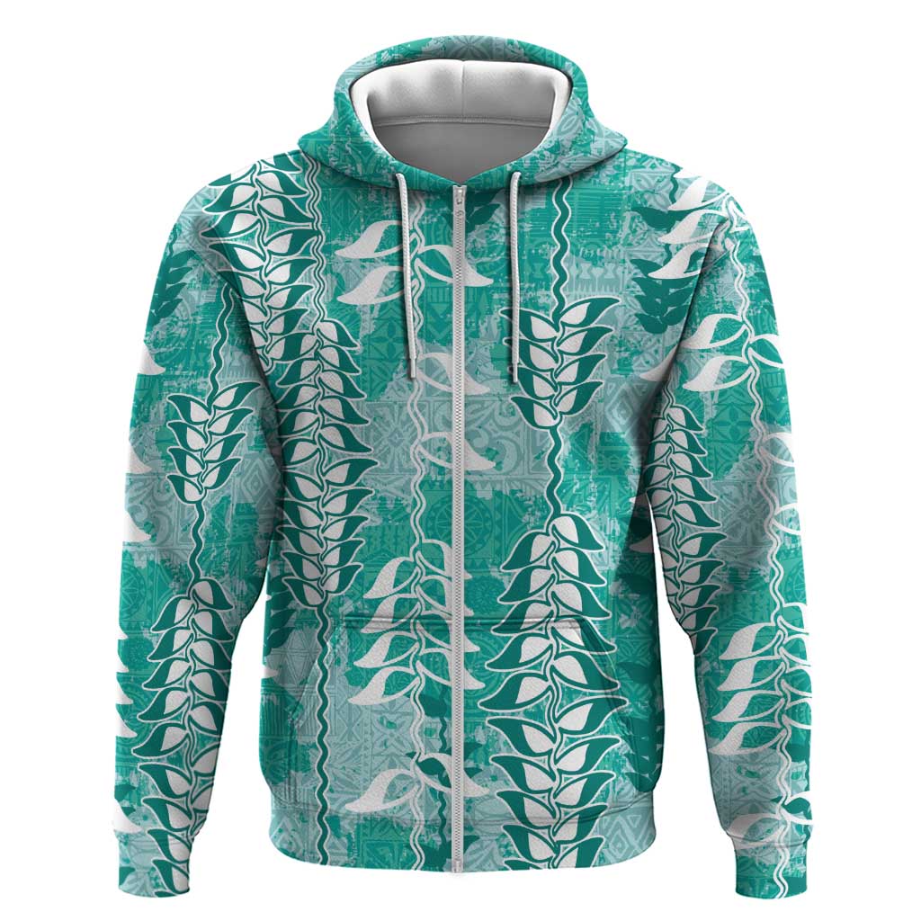 Teal Hawaii Tapa Pattern Hoodie With Heliconia Vintage Style LT05 Zip Hoodie Teal - Polynesian Pride