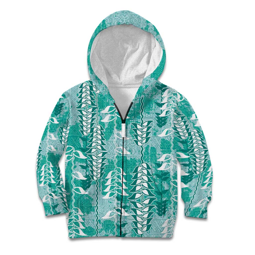 Teal Hawaii Tapa Pattern Kid Hoodie With Heliconia Vintage Style LT05 Zip Hoodie Teal - Polynesian Pride