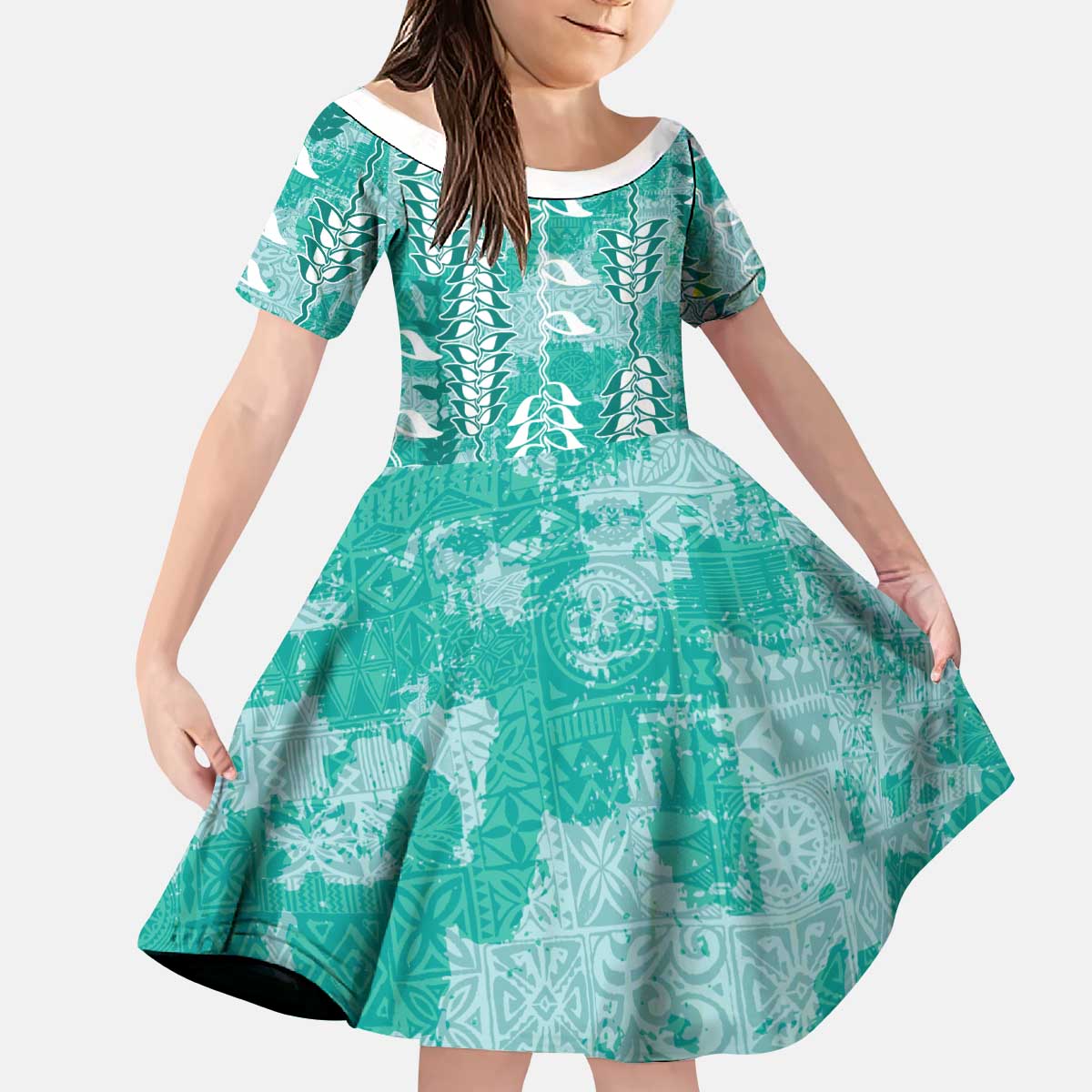 Teal Hawaii Tapa Pattern Kid Short Sleeve Dress With Heliconia Vintage Style