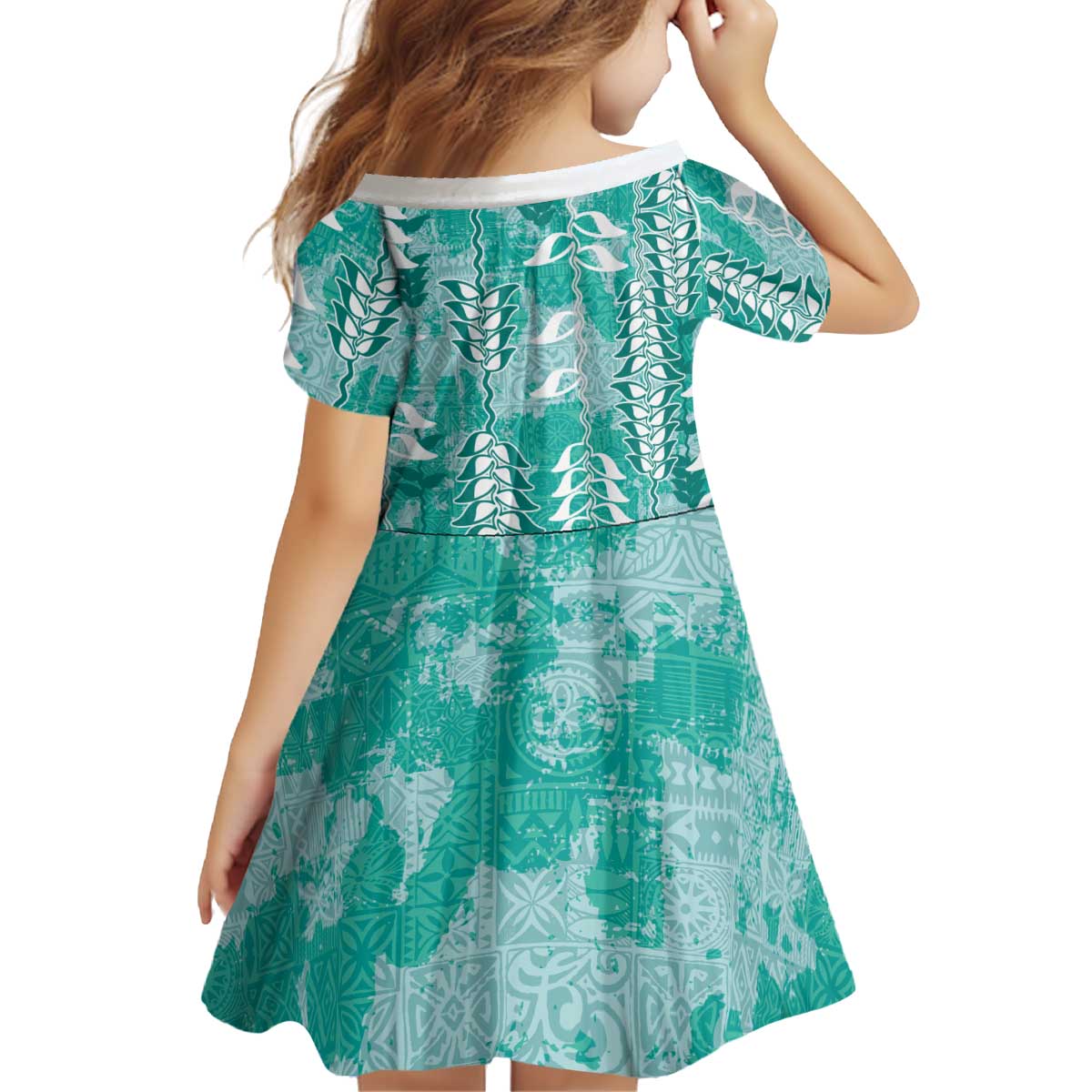 Teal Hawaii Tapa Pattern Kid Short Sleeve Dress With Heliconia Vintage Style LT05 - Polynesian Pride