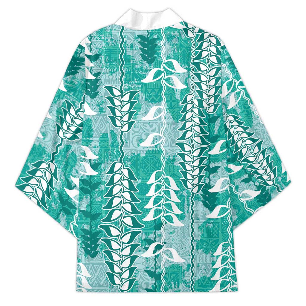 Teal Hawaii Tapa Pattern Kimono With Heliconia Vintage Style LT05 - Polynesian Pride