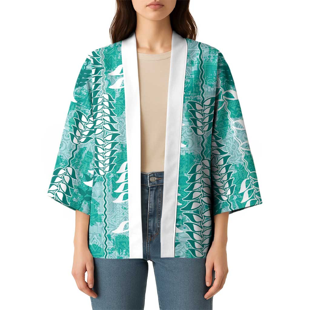 Teal Hawaii Tapa Pattern Kimono With Heliconia Vintage Style LT05 - Polynesian Pride