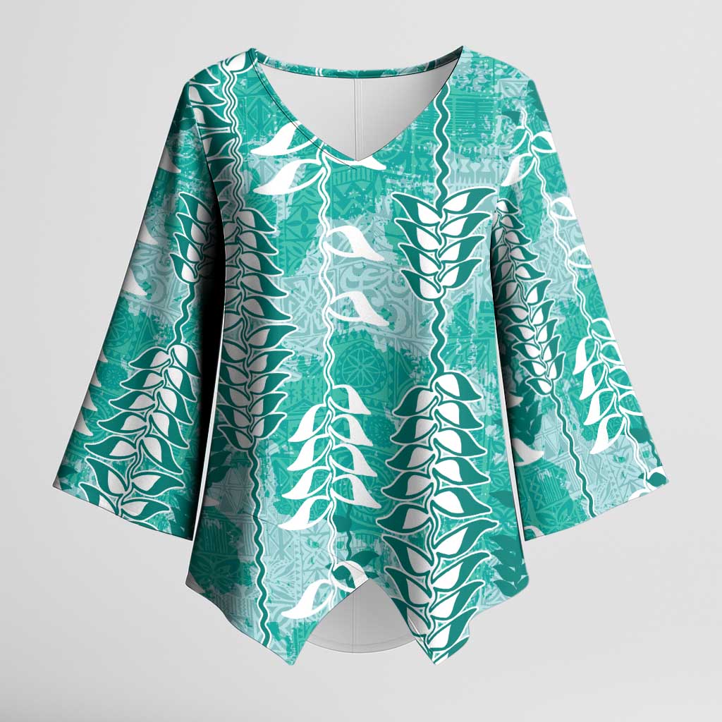 Teal Hawaii Tapa Pattern Kimono Sleeve Blouse With Heliconia Vintage Style LT05 Female Teal - Polynesian Pride