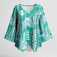 Teal Hawaii Tapa Pattern Kimono Sleeve Blouse With Heliconia Vintage Style LT05 Female Teal - Polynesian Pride