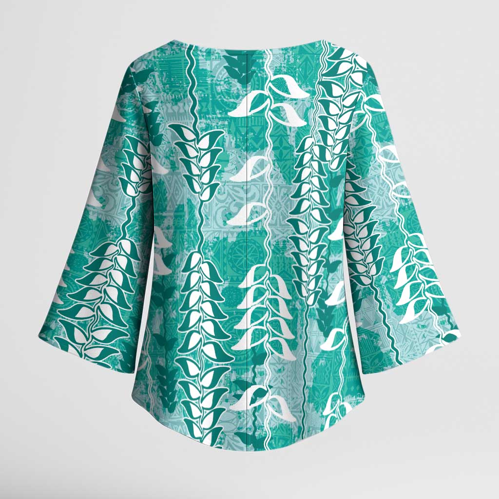 Teal Hawaii Tapa Pattern Kimono Sleeve Blouse With Heliconia Vintage Style LT05 - Polynesian Pride