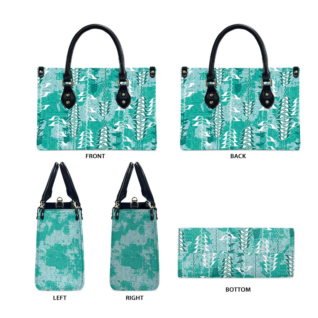 Teal Hawaii Tapa Pattern Leather Bag With Heliconia Vintage Style LT05 - Polynesian Pride