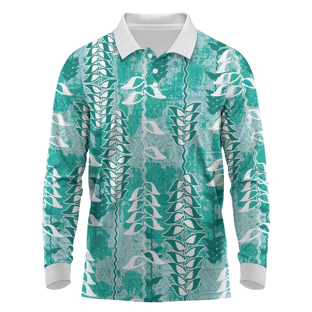 Teal Hawaii Tapa Pattern Long Sleeve Polo Shirt With Heliconia Vintage Style LT05 Teal - Polynesian Pride
