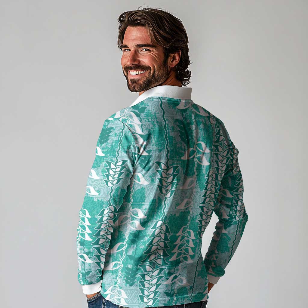 Teal Hawaii Tapa Pattern Long Sleeve Polo Shirt With Heliconia Vintage Style LT05 - Polynesian Pride