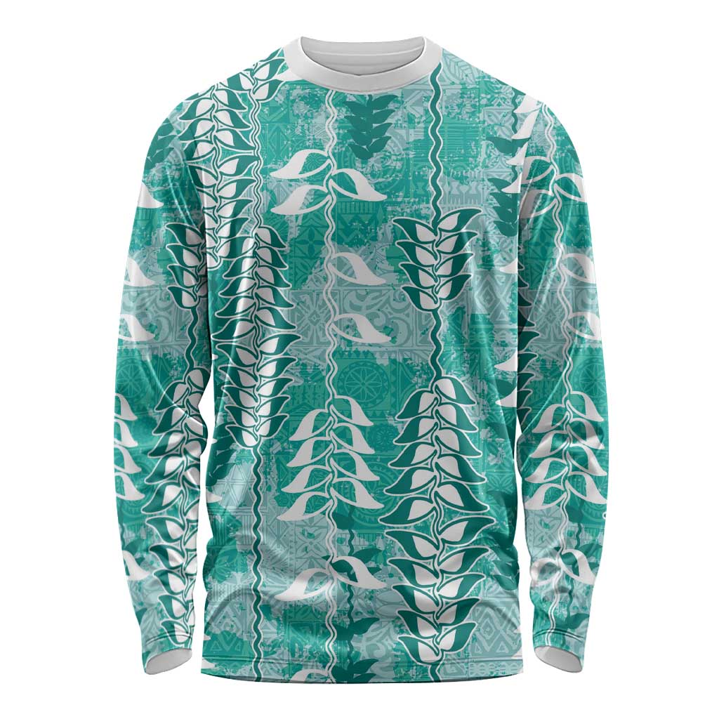 Teal Hawaii Tapa Pattern Long Sleeve Shirt With Heliconia Vintage Style LT05 Unisex Teal - Polynesian Pride