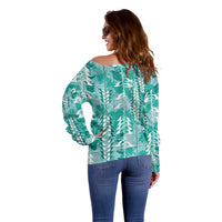 Teal Hawaii Tapa Pattern Off Shoulder Sweater With Heliconia Vintage Style LT05 - Polynesian Pride