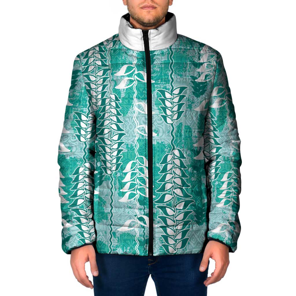 Teal Hawaii Tapa Pattern Padded Jacket With Heliconia Vintage Style LT05 Men Teal - Polynesian Pride
