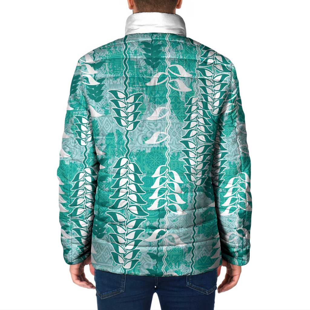 Teal Hawaii Tapa Pattern Padded Jacket With Heliconia Vintage Style LT05 - Polynesian Pride