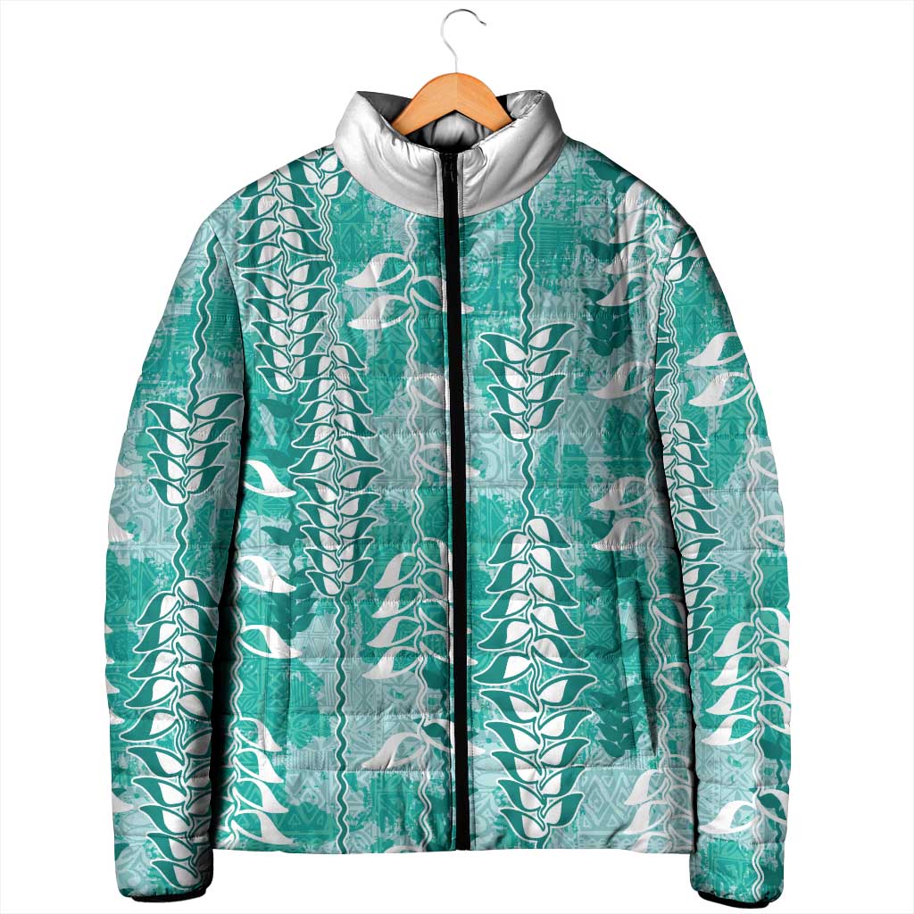 Teal Hawaii Tapa Pattern Padded Jacket With Heliconia Vintage Style LT05 - Polynesian Pride