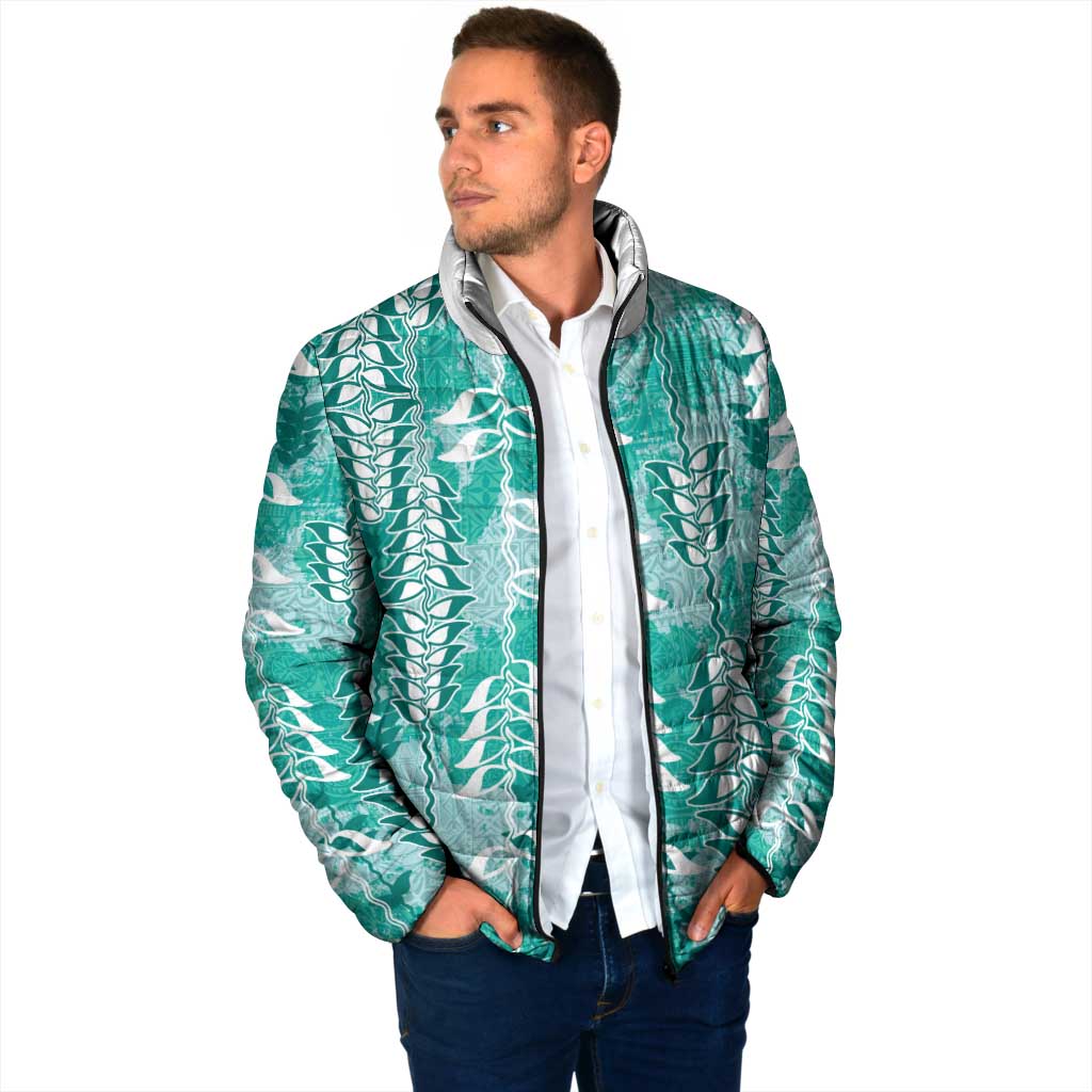 Teal Hawaii Tapa Pattern Padded Jacket With Heliconia Vintage Style LT05 - Polynesian Pride