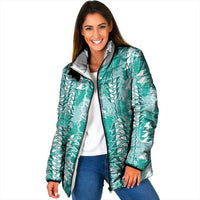 Teal Hawaii Tapa Pattern Padded Jacket With Heliconia Vintage Style LT05 Women Teal - Polynesian Pride