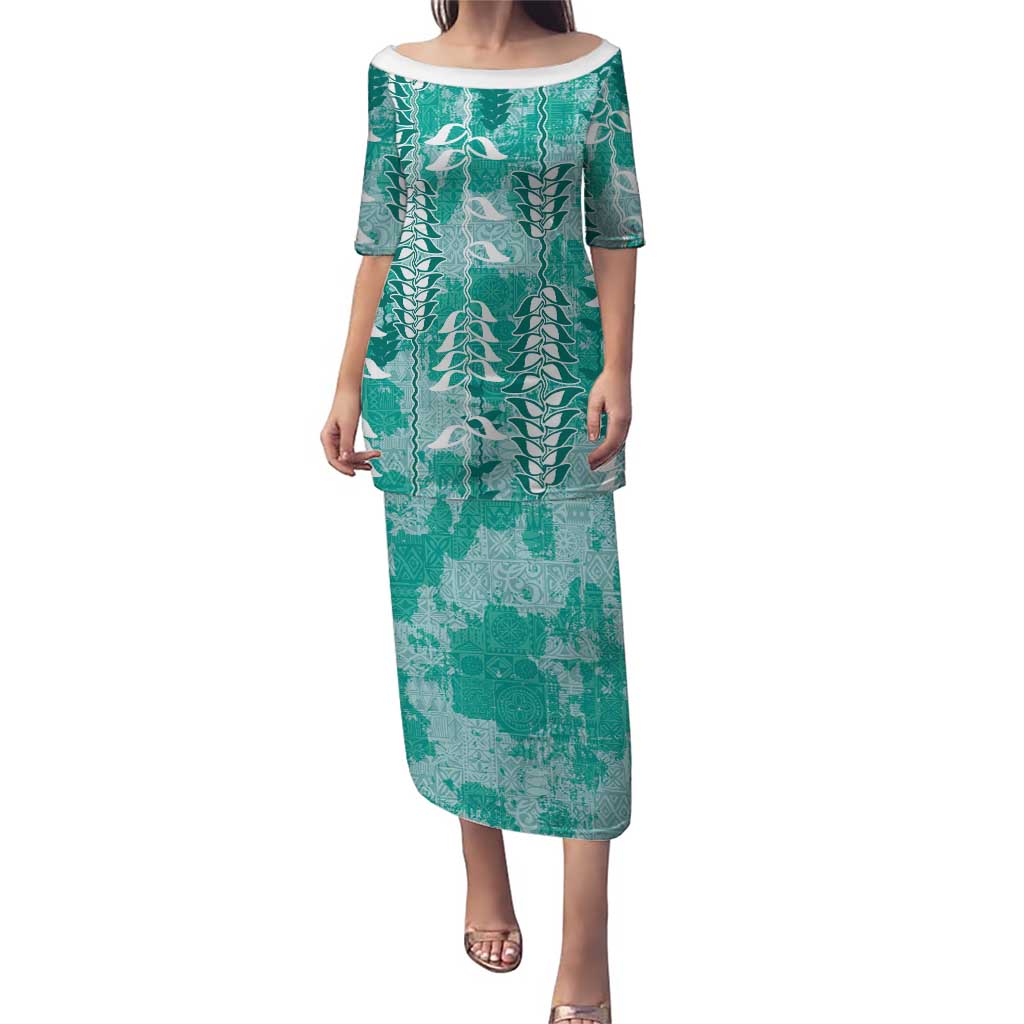 Teal Hawaii Tapa Pattern Puletasi With Heliconia Vintage Style LT05 Long Dress Teal - Polynesian Pride