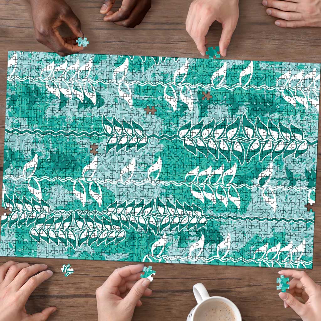 Teal Hawaii Tapa Pattern Puzzle With Heliconia Vintage Style LT05 - Polynesian Pride