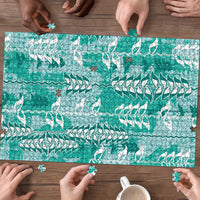 Teal Hawaii Tapa Pattern Puzzle With Heliconia Vintage Style LT05 - Polynesian Pride