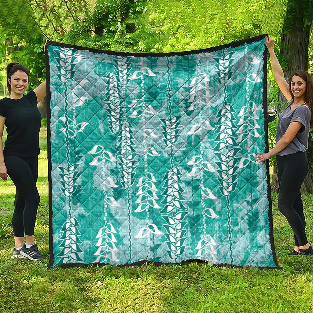 Teal Hawaii Tapa Pattern Quilt With Heliconia Vintage Style LT05 - Polynesian Pride