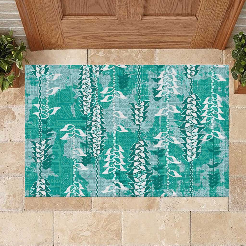 Teal Hawaii Tapa Pattern Rubber Doormat With Heliconia Vintage Style LT05 Teal - Polynesian Pride