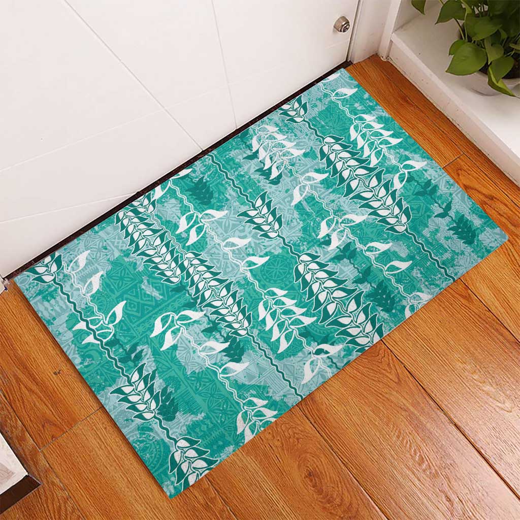 Teal Hawaii Tapa Pattern Rubber Doormat With Heliconia Vintage Style LT05 - Polynesian Pride