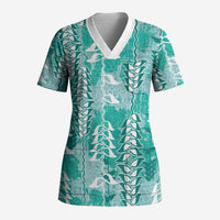 Teal Hawaii Tapa Pattern Scrub Top With Heliconia Vintage Style LT05 Adult Teal - Polynesian Pride