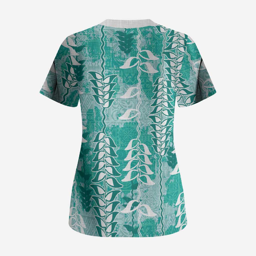 Teal Hawaii Tapa Pattern Scrub Top With Heliconia Vintage Style LT05 - Polynesian Pride