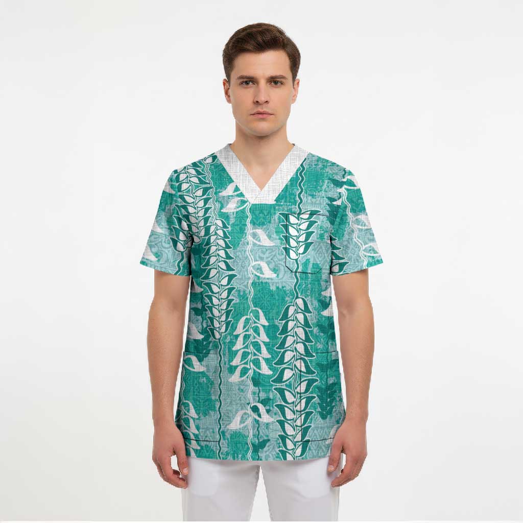 Teal Hawaii Tapa Pattern Scrub Top With Heliconia Vintage Style LT05 - Polynesian Pride
