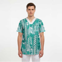 Teal Hawaii Tapa Pattern Scrub Top With Heliconia Vintage Style LT05 - Polynesian Pride