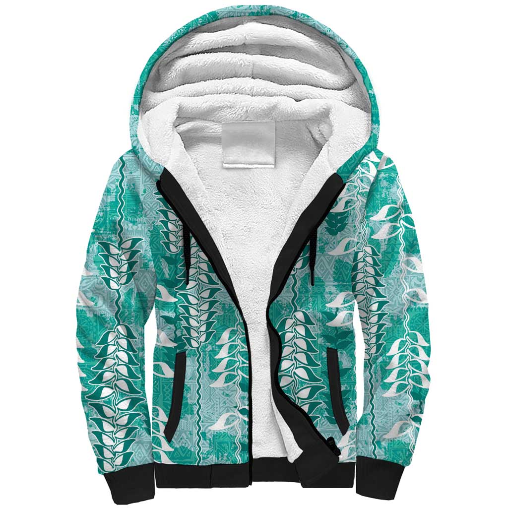 Teal Hawaii Tapa Pattern Sherpa Hoodie With Heliconia Vintage Style
