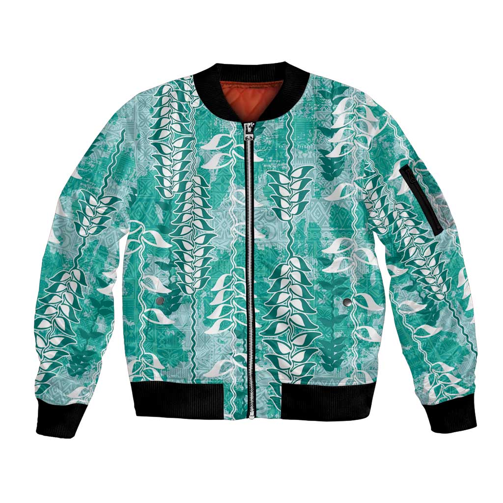 Teal Hawaii Tapa Pattern Sleeve Zip Bomber Jacket With Heliconia Vintage Style LT05 Unisex Teal - Polynesian Pride