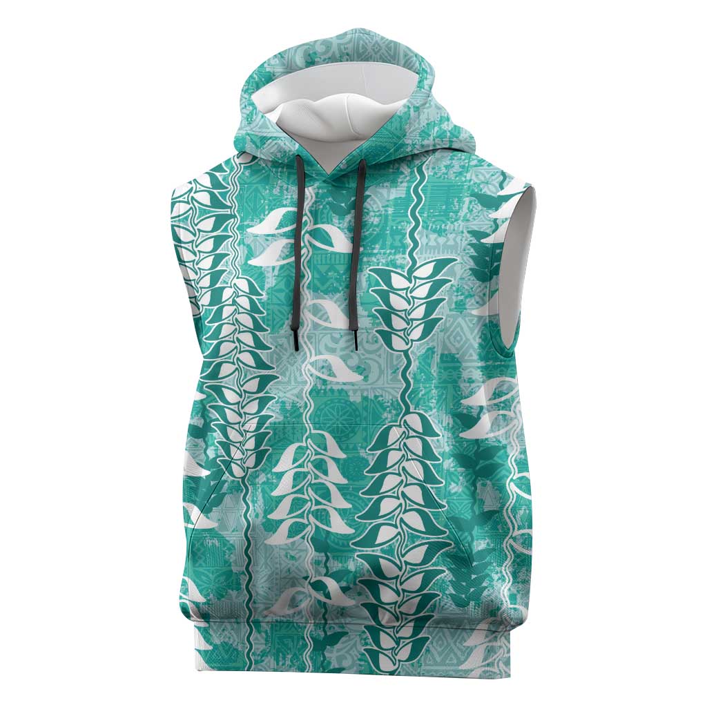 Teal Hawaii Tapa Pattern Sleeveless Hoodie With Heliconia Vintage Style LT05 Teal - Polynesian Pride