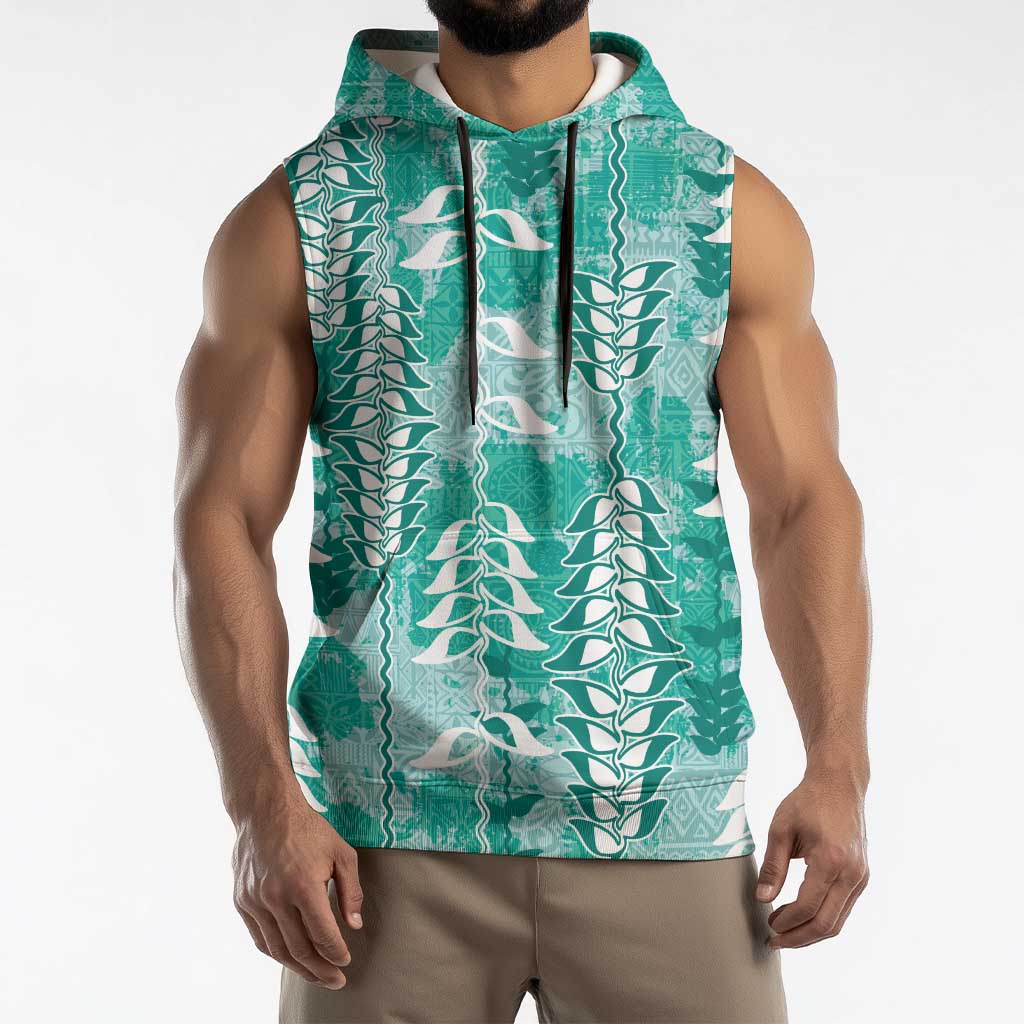 Teal Hawaii Tapa Pattern Sleeveless Hoodie With Heliconia Vintage Style LT05 - Polynesian Pride