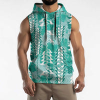 Teal Hawaii Tapa Pattern Sleeveless Hoodie With Heliconia Vintage Style LT05 - Polynesian Pride
